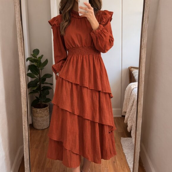 Grace Karin Burnt Orange Boho Ruffle Dress Size XXL | Tiered Midi Smocked Waist - Picture 4 of 4